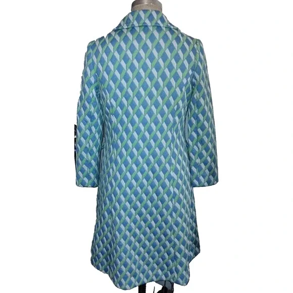 Blue Green & White Woman's Coat Vintage 1960s Textured Knit Large